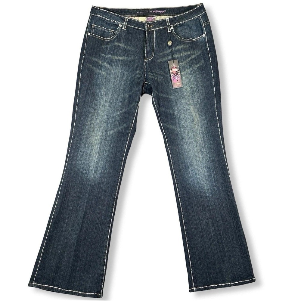 Ed Hardy Jeans Womens 18 NWT Dark Wash Thick Stitch Bootcut Y2K Stretch Denim